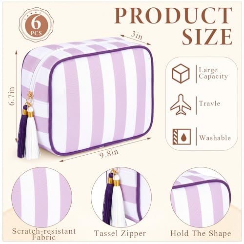 Kacctyen 6 Pack Lavender Purple and White Striped Makeup Bag bulk with Tassel Travel Cosmetic Pouch Organizer Large Zipper Toiletry Case for Women Aesthetic Storage Pouch Mahjong Tile Bag - color: Lavender Purple and White