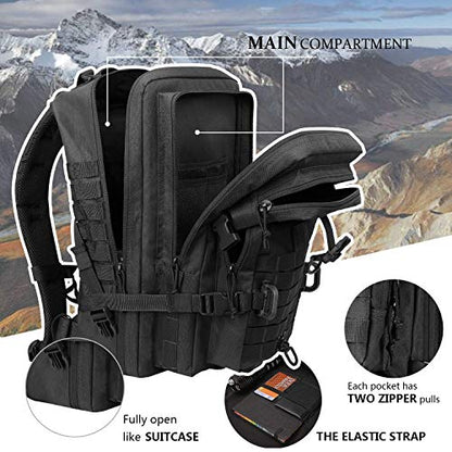 Hannibal Tactical MOLLE Assault Backpack, Tactical Backpack Military Army Camping Rucksack, 3-Day Pack, D-Rings, Black with Gray Patch - color: Black With Grey