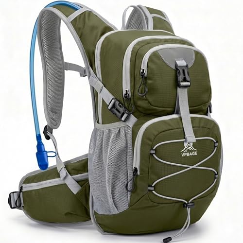 VPBAGE Hydration Backpack with 2L Bladder – Thermal Insulated Water Pack for Hiking, Skiing, Running – Lightweight Daypack for Men & Women, Soft-Lined Sunglasses Pocket & Large Waist Pockets - color: Olive Green