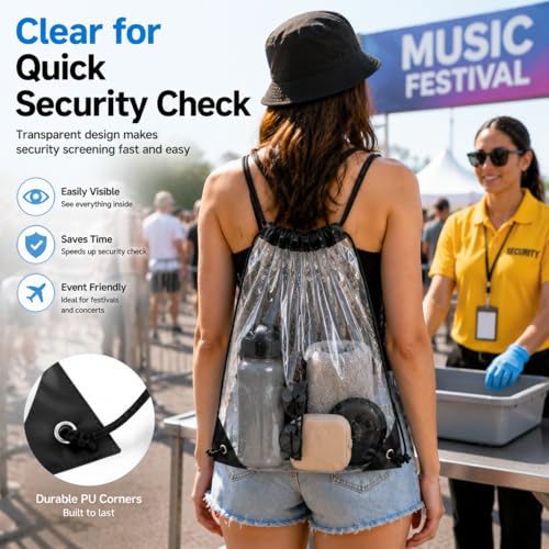 MAQIHAN 4PCS Clear Drawstring Bags for Stadium Events - Clear Drawstring Bag PVC Waterproof Stadium Approved Large Transparent String Bags for Concert, Sports, Gym for Men and Women