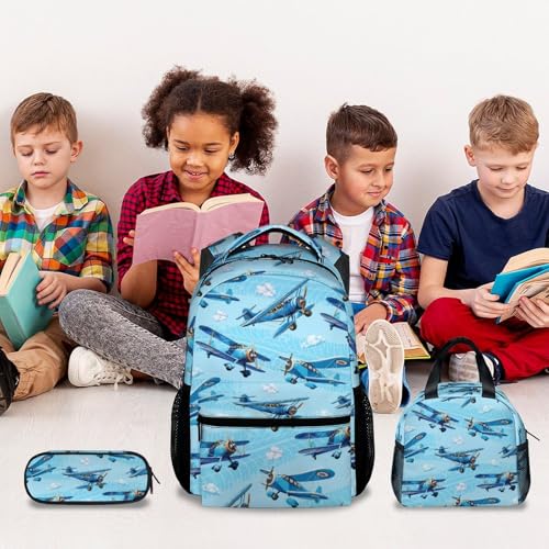 Kids Backpack with Lunch Bag and Pencil Case - 3Pcs Airplane Backpacks Set for Boys - Durable Toddler Bookbag for Kindergarten, Primary & Elementary (17 Inch) - color: Light Blue