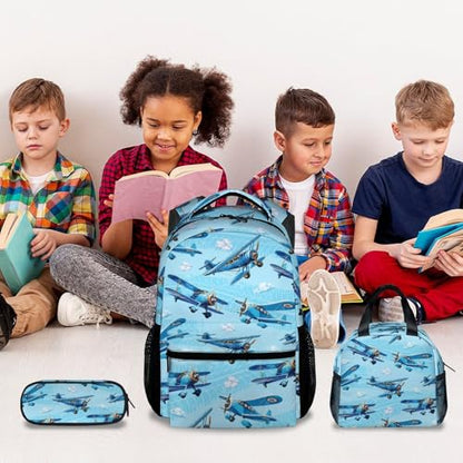 Kids Backpack with Lunch Bag and Pencil Case - 3Pcs Airplane Backpacks Set for Boys - Durable Toddler Bookbag for Kindergarten, Primary & Elementary (17 Inch) - color: Light Blue