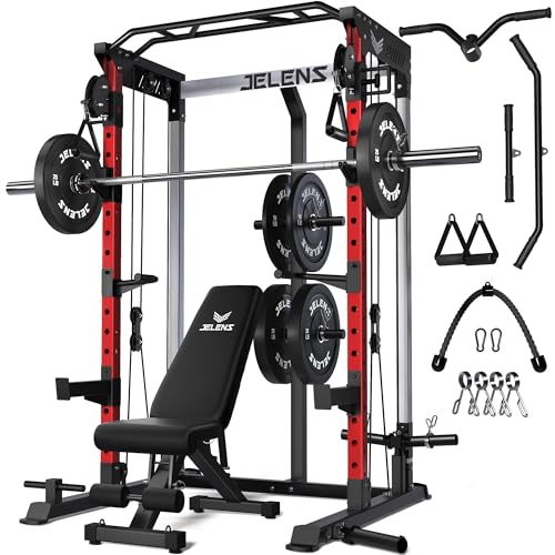 JELENS C21 Power Cage, 2000LBS Multi-Function Power Rack with Independent Dual Pulley System, All-in-One Squat Rack for Cable Crossover, Home Gym Workout Machine - color: Red, size: 140LBS Black Weights Package