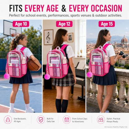 AGSDON Clear Backpack, Heavy Duty Transparent Bookbag, See Through PVC Backpacks for Women Men - color: Clear Backpack - Rose