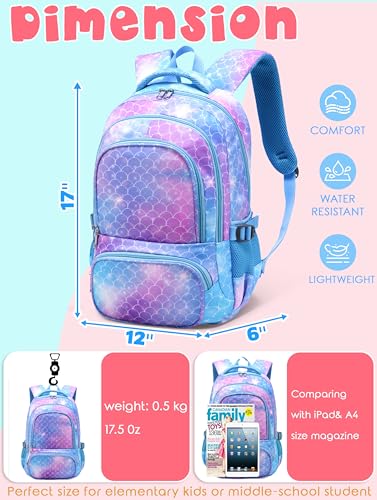 BLUEFAIRY Kids Backpacks for Girls 17 Inch Elementary Primary Middle School Bookbags with Laptop Compartment Back to School Bags for Childs Age 6-8 Mochilas Escolares para Niños Niñas Mermaid - color: Sky Blue