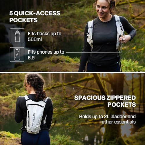 EVERFUN Hydration Backpack Running Vest Small Hiking Water Backpack with 1.5L Water Bladder for Women Men, Lightweight Reflective Phone Holder Hydro Pack for Trail Running, Biking, Race, Marathons - style: Black