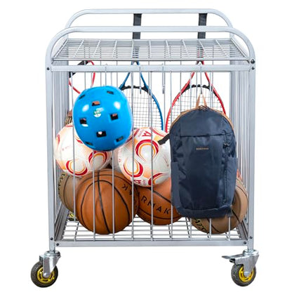 MyGift Large Capacity Metal Rolling Multi Sports Ball Cage Storage Hopper, Gym Equipment Basket Cart with Lockable Latch, Heavy Duty Caster Wheels, and 8 Accessory Hooks - color: Silver