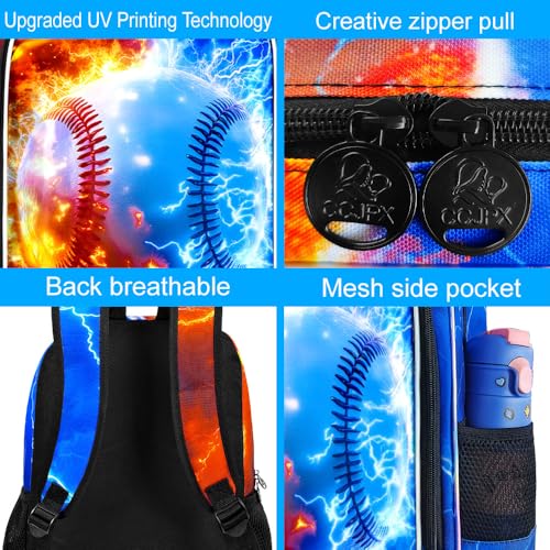 AGSDON 3PCS Baseball Backpack for Boys, 17" Kids Bookbag with Lunch Box for Boy, Flame Thunder Backpacks Water Resistant and Lightweight for Teen - color: Baseball