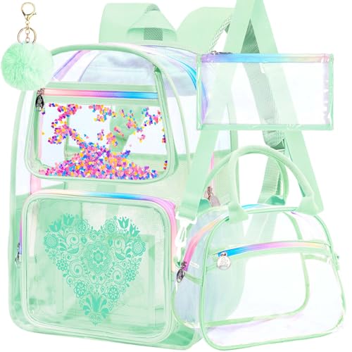 3PCS Clear Bookbag, Women’s Sequins Transparent Backpack Set, Cute Heavy Duty See-Through School Bag for Teens and Elementary Students – Flower Green Love - color: Flower Green Love Clear Backpack Set