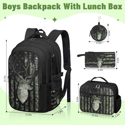 Camo Deer Backpack for Boys, Boys Backpacks with Lunch Box and Pencil Case for School, Kids Hunting Bookbag - color: Camo