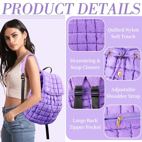 IzuztA Quilted Puffer Backpack for Women, Lightweight Soft Nylon Quilted Hiker Pack Top Flap Drawstring Backpack, Trendy Puffy Padding Gym Travel Bag for Casual Daypack Hiking Sport (Purple) - color: Purple