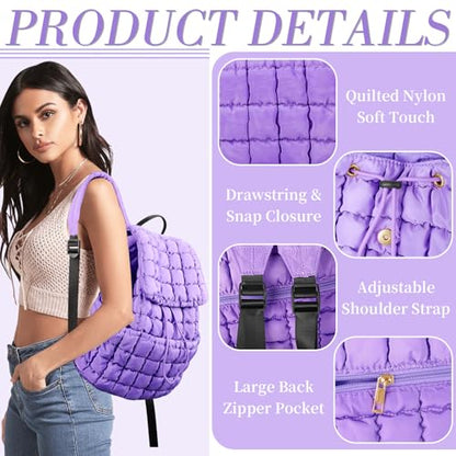 IzuztA Quilted Puffer Backpack for Women, Lightweight Soft Nylon Quilted Hiker Pack Top Flap Drawstring Backpack, Trendy Puffy Padding Gym Travel Bag for Casual Daypack Hiking Sport (Purple) - color: Purple