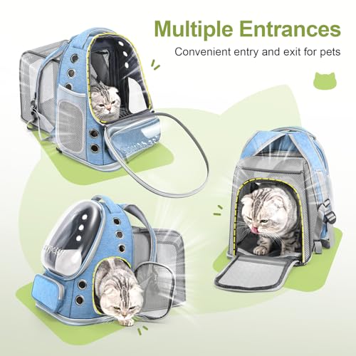 Cawypety Expandable Cat Backpack,Cat Bubble Backpack Carrier for Carrying Cats, Pets and Small Dogs,Airline-Approved,Designed for Travel, Hiking, Walking,Car （Blue - color: Square Expandable- Blue