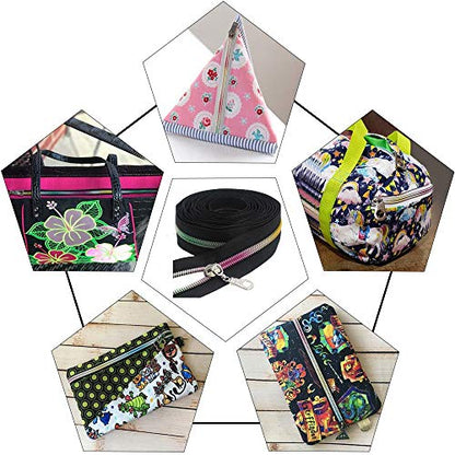 MebuZip #5 Colorful Metallic Nylon Coil Zippers by The Yard Bulk Coil Zipper Roll 10 Yards with 25pcs Pulls for DIY Sewing Craft Bags (Black) - color: Colorful Black