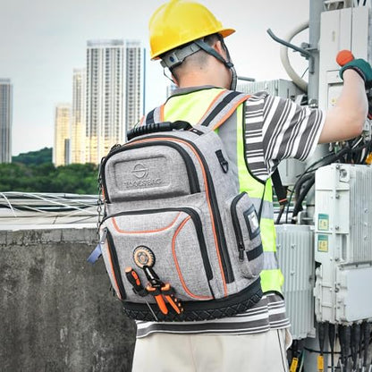 Tool Backpack Bag, Durable Electrician Backpack Tool Bag for HVAC with Waterproof Molded Base, Construction Work Heavy Duty Tools Organizer Bags with Combination Lock Large - Gray - color: Grey