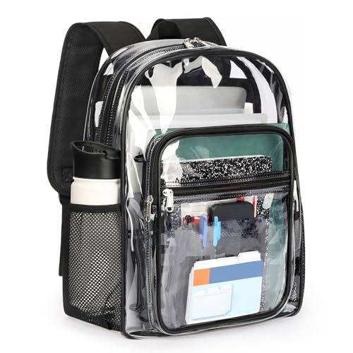 ZORFIN Clear Backpack Heavy Duty for School – 17in Transparent PVC Bag with Large Capacity & Reinforced Straps for Men, Women, Boys & Girls - See Through Bookbag for College Workplace Security, Black - color: Black, size: Medium