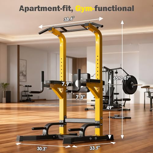 DlandHome Power Tower Pull Up Bar Station, Heavy Duty Pull Up Dip Station Adjustable Height for Home Gym Strength Training Equipment, 330LBS Weight Capacity - color: Yellow