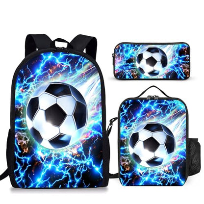 3PCS Boys Backpack, Kids Back To School Backpack with Lunch Box Pencil Case Set, Cool Soccer Backpack for Boys Teens, 17" Schoolbag Bookbag for Elementary Middle High School Students - color: Light Soccer