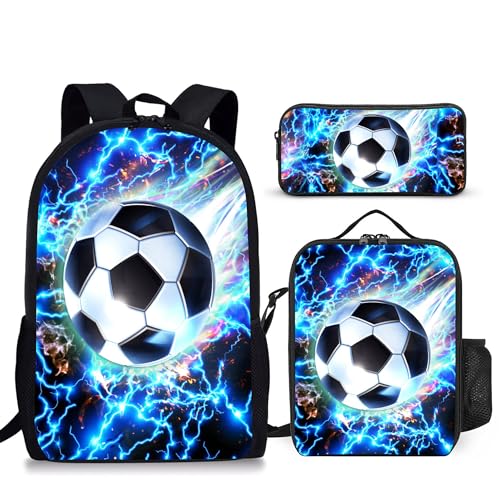 3PCS Boys Backpack, Kids Back To School Backpack with Lunch Box Pencil Case Set, Cool Soccer Backpack for Boys Teens, 17" Schoolbag Bookbag for Elementary Middle High School Students - color: Light Soccer