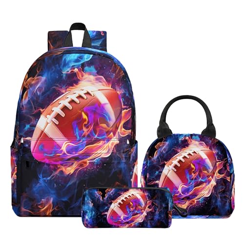 3PCS Boys Football Backpack, Bookbag for Kids Boys with Lunch Box, 17 Inch Football Teens Back to School Bag Set, Laptop Backpack for Mens School/Daypack - color: Football