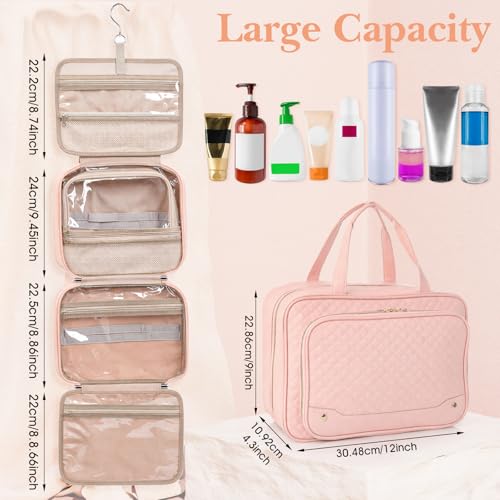 Travel Hanging Toiletry Bag for Women Foldable Makeup Bag with Jewelry Organizer Compartment, PVC Waterproof Cosmetic Travel Bag for Business Camping Bathroom Pink Toiletry Organizer(Pink)