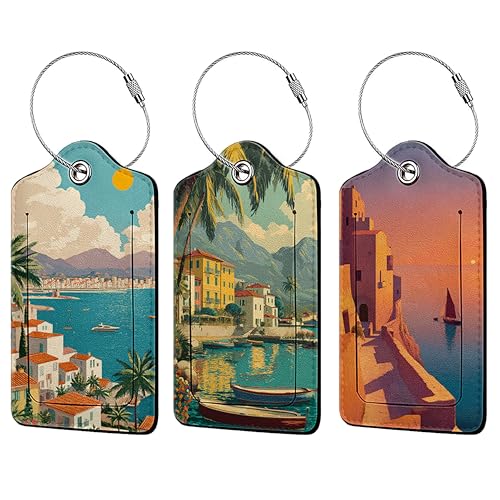 Coastal Village Sunset Luggage Tag 3 Pack Travel Cruise Luggage Tags for Suitcases, Suitcase Identifiers Bag Tags with Privacy Flap, Baggage Name Tag for Women Men Luggage Backpack School Bag - color: Coastal Village Sunset