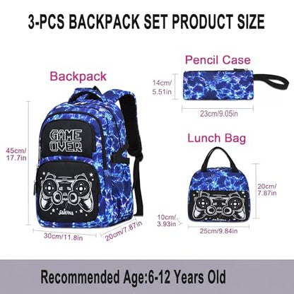 3PCS Kids Backpack Set, School Backpack with Lunch Bag & Pencil Case, Lightweight Waterproof Bookbag for Kids (Gamer Blue) - color: Gamer Blue