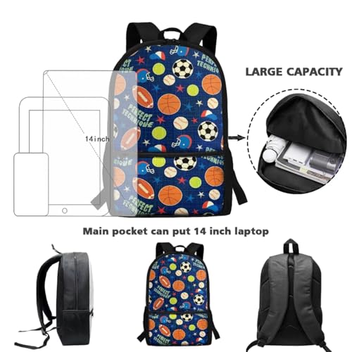 ZOUTAIRONG Backpack and Small Thermos with Carry Handle School Bags for Girls, Baseball Basketball Soccer Print Large Capacity & Lightweight Bookbag with Side Pockets - color: Baseball Basketball Soccer