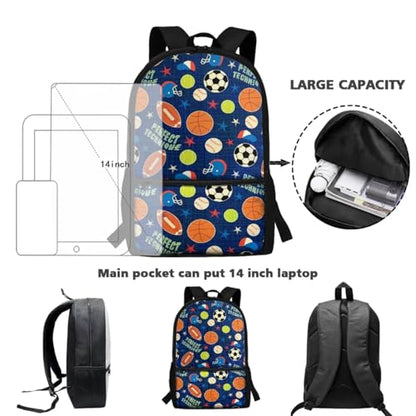 ZOUTAIRONG Backpack and Small Thermos with Carry Handle School Bags for Girls, Baseball Basketball Soccer Print Large Capacity & Lightweight Bookbag with Side Pockets - color: Baseball Basketball Soccer