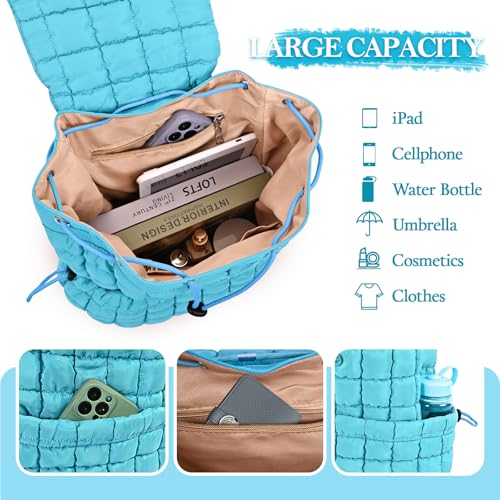 Quilted Puffer Backpack for Women Lightweight Soft Puffy Backpack Purse Casual Daily Drawstring Flap Daypack (Blue) - color: Blue