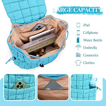 Quilted Puffer Backpack for Women Lightweight Soft Puffy Backpack Purse Casual Daily Drawstring Flap Daypack (Blue) - color: Blue