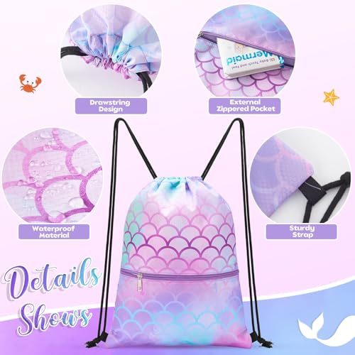 WAWASAM Kids Drawstring Backpack, Gym Swim Bag Cinch Bag for Girls Boys with Zipper Pocket - color: Mermaid B