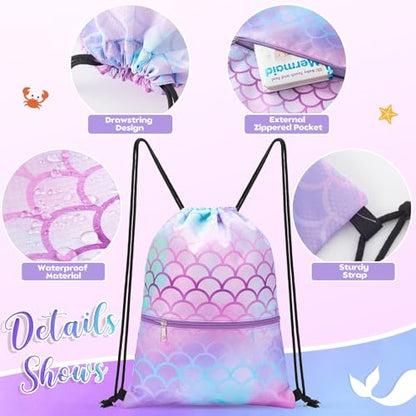 WAWASAM Kids Drawstring Backpack, Gym Swim Bag Cinch Bag for Girls Boys with Zipper Pocket - color: Mermaid B