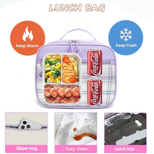 Girls Backpack with Lunch Box Cute School Backpack for Girls Kids Teens Kawaii Bookbag Set for Primary Elementary，Purple - color: Purple
