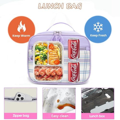 Girls Backpack with Lunch Box Cute School Backpack for Girls Kids Teens Kawaii Bookbag Set for Primary Elementary，Purple - color: Purple
