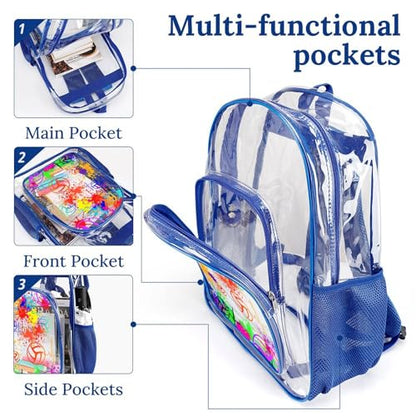Volleyball Clear Backpack Heavy Duty for Girls Kids Boys Women | Large Cool PVC Volleyball Theme Printing Transparent Backpacks for Schools Stadium Concerts Work - Clear/Blue - color: Volleyball Clear Backpack 1 Blue With Front Pocket