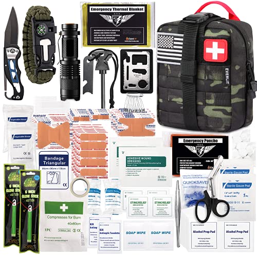 EVERLIT 250 Pieces Survival First Aid Kit IFAK EMT Molle Pouch Survival Kit Outdoor Gear Emergency Kits Trauma Bag for Camping Boat Hunting Hiking Home Car Earthquake and Adventures - color: Black Camo