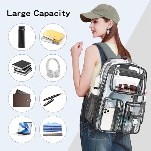 Cusangel Clear Dark Gray Backpack, Heavy Duty Men Clear BookBag,16inch TPU Large Capacity See Through Backpack for Sport Events,transparent plastic Travel,Work School,stadiums - color: Dark Gray