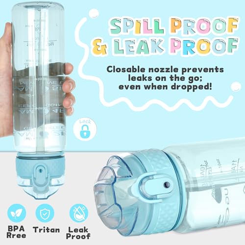 OLDLEY 17oz Kids Water Bottle, Tritan BPA-Free, Leakproof Flip Straw Lid, Motivational Time Marker, Carry Strap, Reusable Clear Water Bottle for Boys & Girls,Cerulean - color: Cerulean, style: 17 Ounces