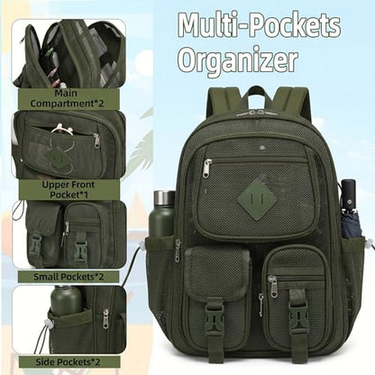 Mesh Backpack for Girls Boys, Women Mesh Bookbags Heavy Duty Semi-Transparent School Bag Net Back Pack for Travel, Beach, Swimming, Work - Army Green - color: Army Green