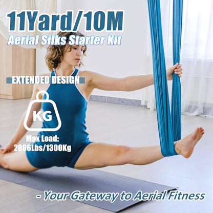 Aerial Silks Kit & Aerial Yoga Hammock - 11Yd Premium Fabric with Hardware - Easy Setup for Flying Yoga, Aerial Swing & Fitness - Supports Up to 14ft Rigging - color: Light Blue