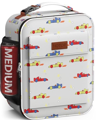 HOTOR Lunch Bag for Men & Women - Large Capacity Insulated Lunch Bag with Mutiple Pockets, Wear-Resistant Cooler Lunch Box for Office, Picnic, Gray with Race Car Print, 7L, 9.06" x 4.33" x 10.63" - color: Gray with Race Car Print