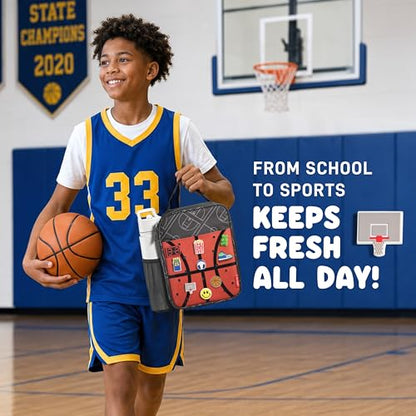 Fit & Fresh Customizable Charm Lunch Bag for Boys & Girls, Basketball Kids Lunch Box with 6 Sports Charms, Premium Insulated Reusable Lunch Tote for School - color: Midnight Hoops