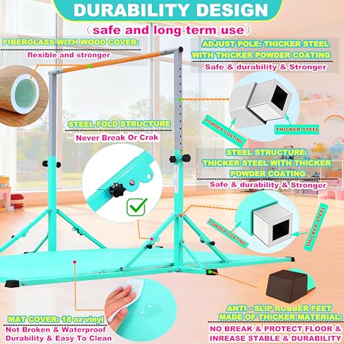 Marfula Gymnastic Bar For Kid and Teenage of 3-25, 5Ft/8 FT Base Length 4Ft Width 5Ft Adjust Height, Gymnastic Kip Bar For Gymnast, Gymnastic Training Equipment For Professional Training Home Club Use - color: Teal (Bar with Mat - 8Ft Base)