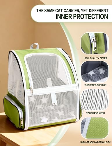 Cat Backpack Carrier with Washable Bed Mat Breathable Cat Carrier Large Space Medium Small Dog Puppy Kitty Ventilated Mesh Pet Backpack for Cats Travel Walking Outdoor Use(Green 13.8" Lx11.4 Wx16 H)