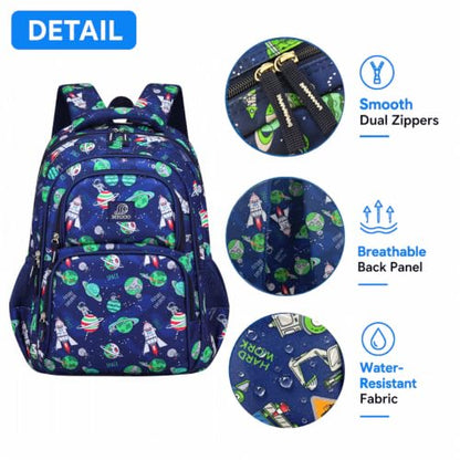 MYGOO Boys School Backpack Campus Astro Navy Bookbag for Elementary Middle School Ages 5-12, 17 inch Large Capacity 24L Kids Student Travel Bags - color: Campus Astro Navy
