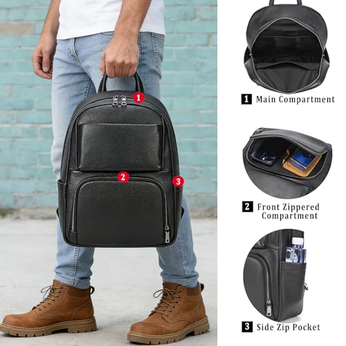 Laptop Leather Travel Backpack For Men Carry On Back Pack For Business Work computer Backpacks Fit 15.6" Laptop - color: Bb-00 Black