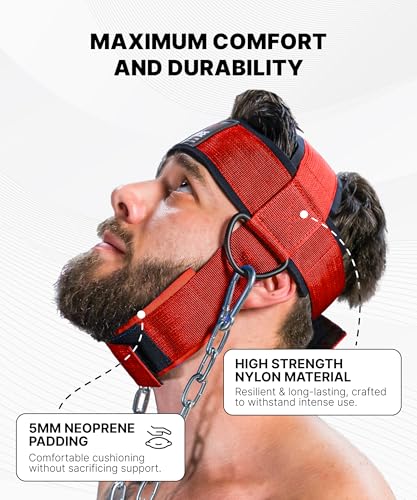 DMoose Fitness Neck Harness for Weight Lifting - Soft Padded Head & Chin Strap with 30" Heavy Duty Steel Chain - Neck Exerciser, Trainer & Strengthener to Support Injury Recovery and Intense Workouts - color: Red