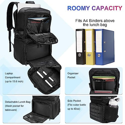 BERTASCHE Lunch Backpack, Laptop Backpack 15.6 inch Work Backpack w/Insulated Cooler Lunch box for Men Women, Tactical Casual Daypack for Commuter Picnic College,Black - size: 15.6 inch-Lunch Box