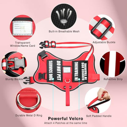 Service Dog Vest Harness and Leash Set+10 Patches,No Pull&Adjustable Reflective Dog Harness with Soft Padded Handle for Training/Everyday,Fit Small/Medium/Large/Extra-Large Dogs(Red L) - color: Red, size: Large